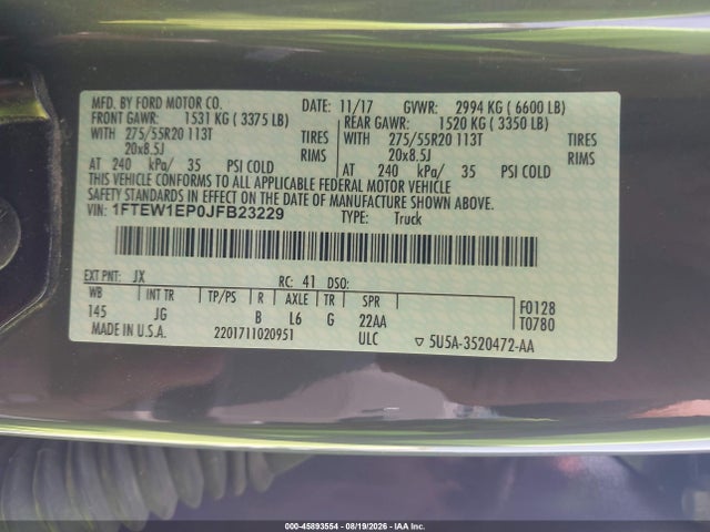 Aukcja sprzedaży 2018 Ford F-150 Xl, vin: 1FTEW1EP0JFB23229, numer aukcji: 45893554