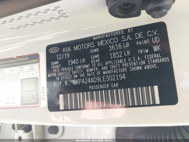 Aukcja sprzedaży 2020 Kia Rio S, vin: 3KPA24AD9LE302194, numer aukcji: 45893562