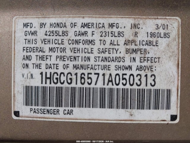 45893568 :رقم المزاد ، 1HGCG16571A050313 vin ، 2001 Honda Accord 3.0 Ex مزاد بيع