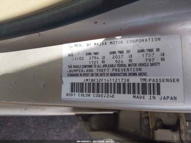 Продаж на аукціоні авто 2004 Mazda Mazda3 I, vin: JM1BK32F141121738, номер лоту: 45893571