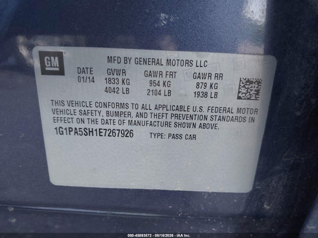 2014 Chevrolet Cruze Ls Auto მანქანა იყიდება აუქციონზე, vin: 1G1PA5SH1E7267926, აუქციონის ნომერი: 45893572