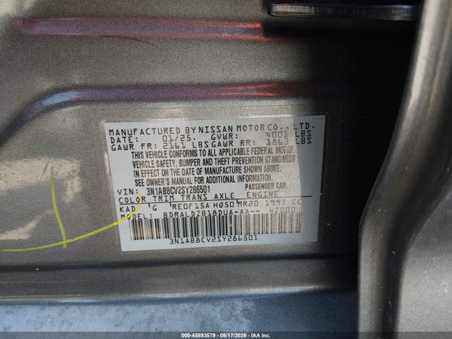 45893579 :رقم المزاد ، 3N1AB8CV2SY286501 vin ، 2025 Nissan Sentra Sv مزاد بيع