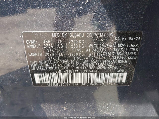 45893582 :رقم المزاد ، 4S4BTAAC8S3154578 vin ، 2025 Subaru Outback مزاد بيع