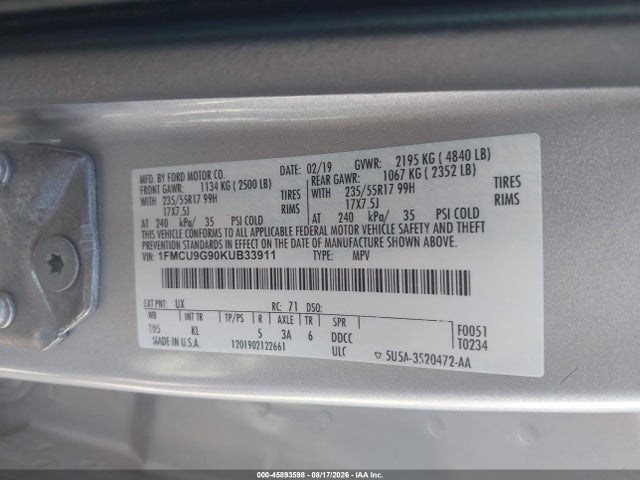 Продажа на аукционе авто 2019 Ford Escape Se, vin: 1FMCU9G90KUB33911, номер лота: 45893598