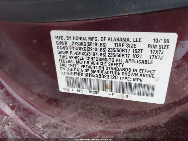 Aukcja sprzedaży 2010 Honda Odyssey Touring, vin: 5FNRL3H95AB023120, numer aukcji: 45893606