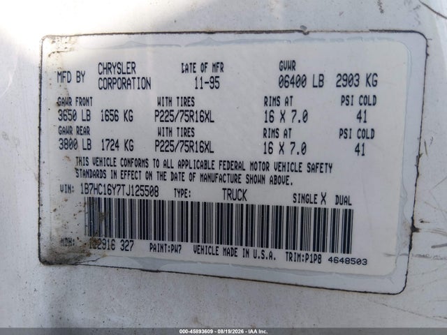 45893609 :رقم المزاد ، 1B7HC16Y7TJ125508 vin ، 1996 Dodge Ram 1500 مزاد بيع