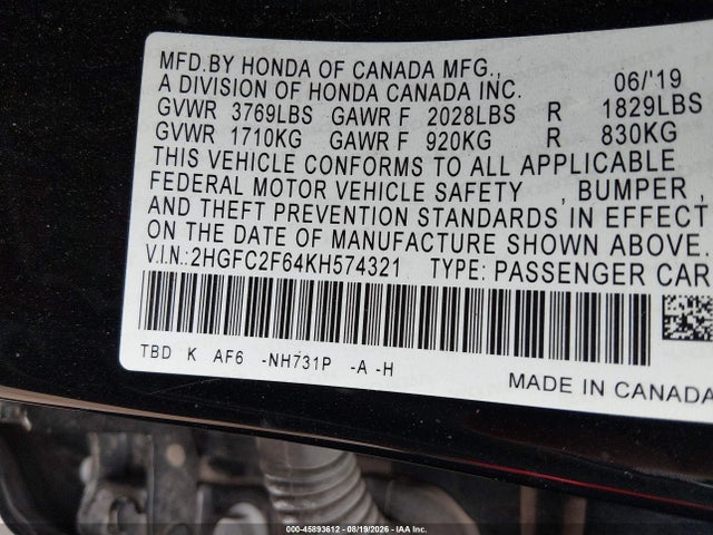 45893612 :رقم المزاد ، 2HGFC2F64KH574321 vin ، 2019 Honda Civic Lx مزاد بيع