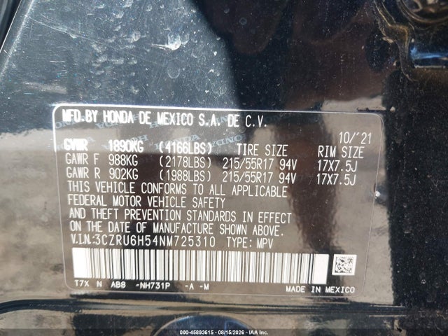 45893615 :رقم المزاد ، 3CZRU6H54NM725310 vin ، 2022 Honda Hr-v Awd Ex مزاد بيع