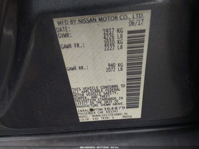 Aukcja sprzedaży 2017 Nissan Altima 2.5 S, vin: 1N4AL3AP7HN364879, numer aukcji: 45893618