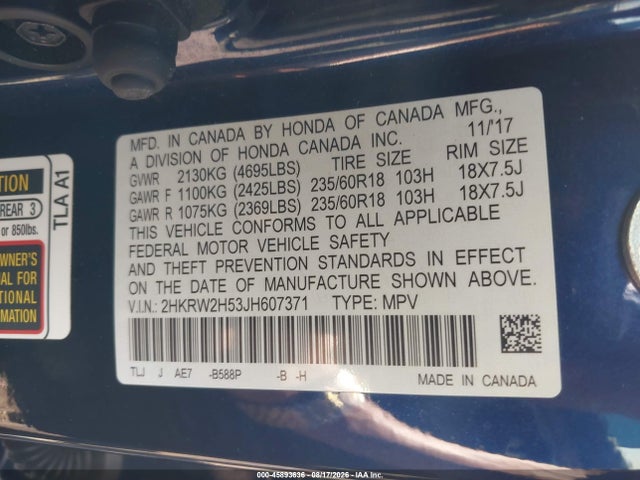 45893636 :رقم المزاد ، 2HKRW2H53JH607371 vin ، 2018 Honda Cr-v Ex مزاد بيع