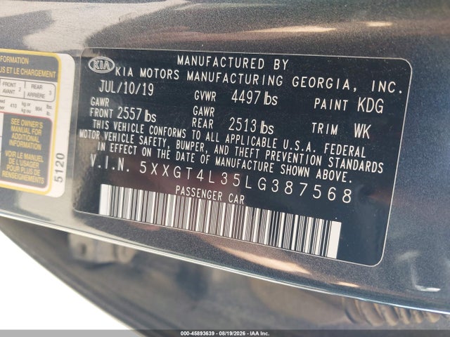 Auction sale of the 2020 Kia Optima Lx, vin: 5XXGT4L35LG387568, lot number: 45893639