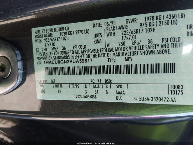 45893647 :رقم المزاد ، 1FMCU0GN2PUA59617 vin ، 2023 Ford Escape Active مزاد بيع