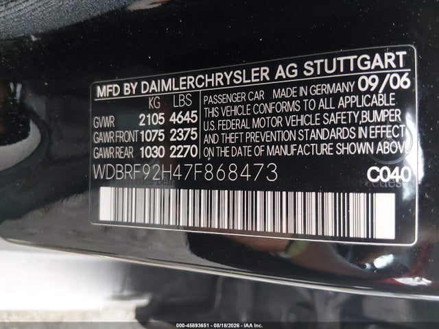 45893651 :رقم المزاد ، WDBRF92H47F868473 vin ، 2007 Mercedes-benz C 280 Luxury 4matic مزاد بيع