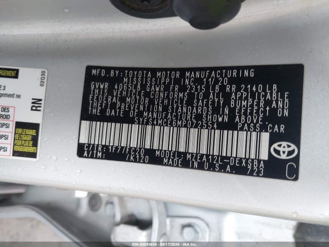 Auction sale of the 2021 Toyota Corolla Se, vin: 5YFS4MCE6MP072554, lot number: 45893654