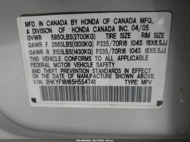 Продаж на аукціоні авто 2005 Honda Pilot Lx, vin: 2HKYF18165H554741, номер лоту: 45893659