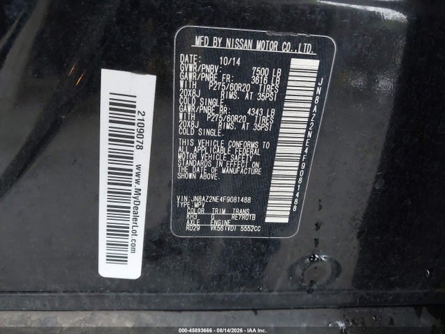 2015 Infiniti Qx80 მანქანა იყიდება აუქციონზე, vin: JN8AZ2NE4F9081488, აუქციონის ნომერი: 45893666