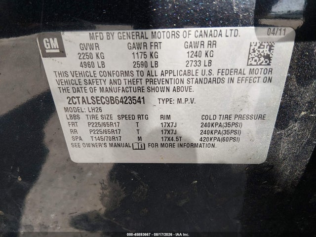 Aukcja sprzedaży 2011 Gmc Terrain Sle-2, vin: 2CTALSEC9B6423541, numer aukcji: 45893667