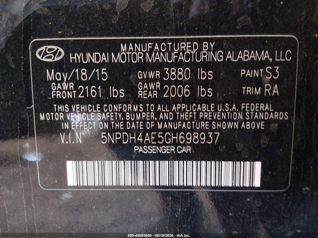 Hyundai ELANTRA SE 2016 5NPDH4AE5GH698937 Image 9