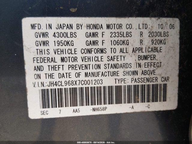 45893678 :رقم المزاد ، JH4CL968X7C001203 vin ، 2007 Acura Tsx مزاد بيع