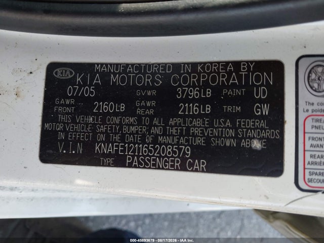 45893679 :رقم المزاد ، KNAFE121165208579 vin ، 2006 Kia Spectra Ex/lx/sx مزاد بيع