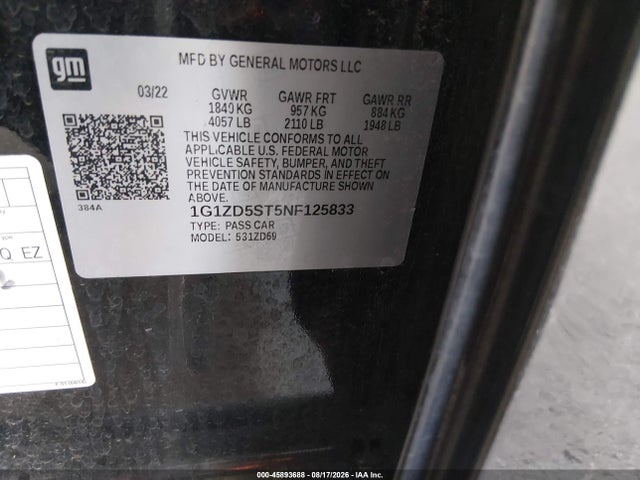 Aukcja sprzedaży 2022 Chevrolet Malibu Fwd Lt, vin: 1G1ZD5ST5NF125833, numer aukcji: 45893688