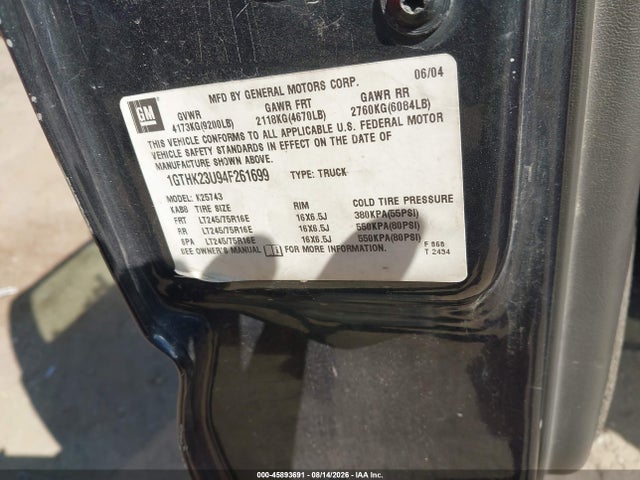 45893691 :رقم المزاد ، 1GTHK23U94F261699 vin ، 2004 Gmc Sierra 2500hd Slt مزاد بيع