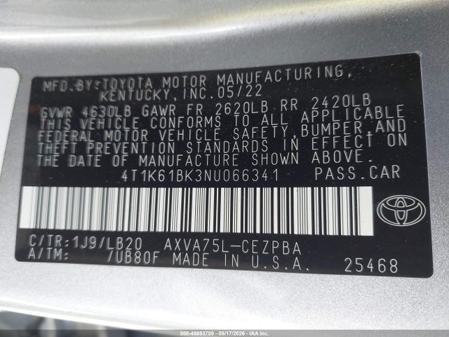Auction sale of the 2022 Toyota Camry Xse Awd, vin: 4T1K61BK3NU066341, lot number: 45893700