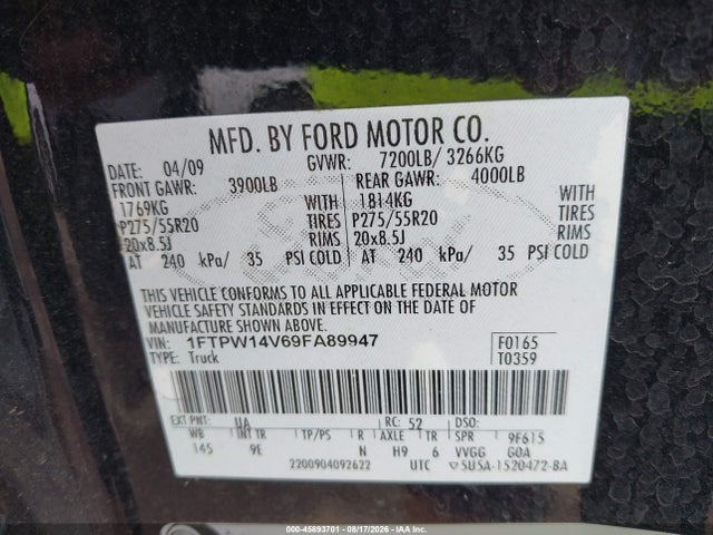 Продаж на аукціоні авто 2009 Ford F-150 Fx4/king Ranch/lariat/platinum/xl/xlt, vin: 1FTPW14V69FA89947, номер лоту: 45893701