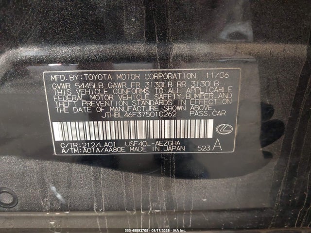 45893705 :رقم المزاد ، JTHBL46F375010262 vin ، 2007 Lexus Ls 460 مزاد بيع