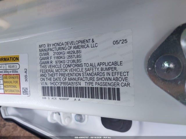 Aukcja sprzedaży 2025 Honda Accord Hybrid Touring, vin: 1HGCY2F89SA051574, numer aukcji: 45893707