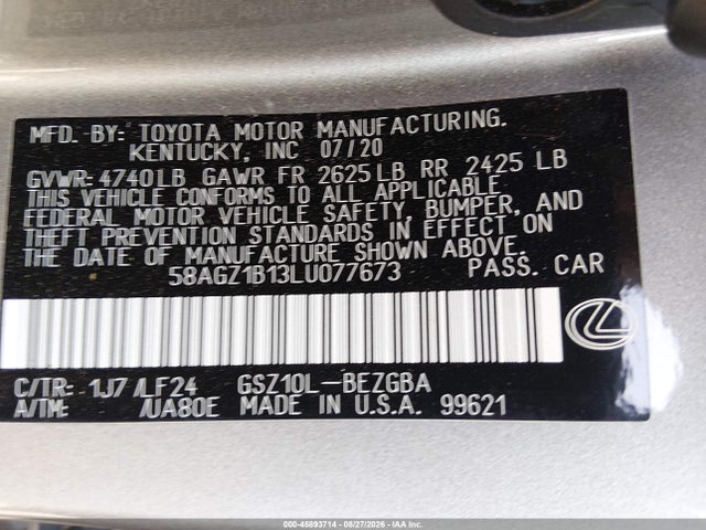Aukcja sprzedaży 2020 Lexus Es 350 F Sport, vin: 58AGZ1B13LU077673, numer aukcji: 45893714