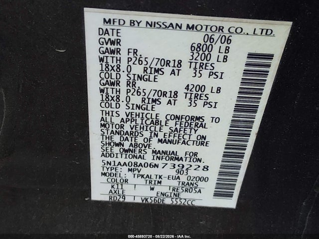 2006 Nissan Armada Se მანქანა იყიდება აუქციონზე, vin: 5N1AA08A06N739228, აუქციონის ნომერი: 45893720