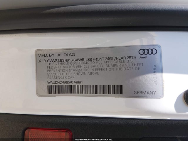 Aukcja sprzedaży 2019 Audi A5 45 Premium, vin: WAUDNCF56KA074881, numer aukcji: 45893726
