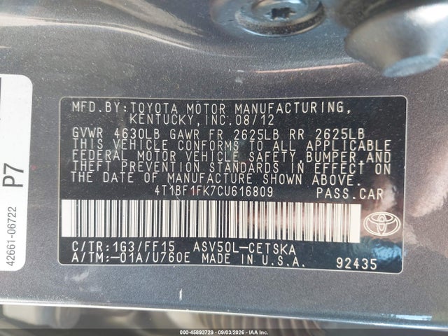 Продажа на аукционе авто 2012 Toyota Camry Se, vin: 4T1BF1FK7CU616809, номер лота: 45893729