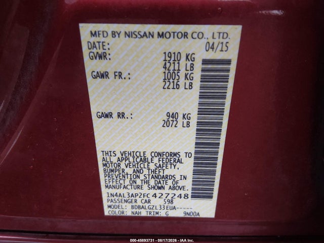 Продажа на аукционе авто 2015 Nissan Altima 2.5/2.5 S/2.5 Sl/2.5 Sv, vin: 1N4AL3AP2FC427248, номер лота: 45893731