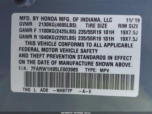 2020 Honda Cr-v 2wd Touring მანქანა იყიდება აუქციონზე, vin: 7FARW1H95LE003985, აუქციონის ნომერი: 45893744