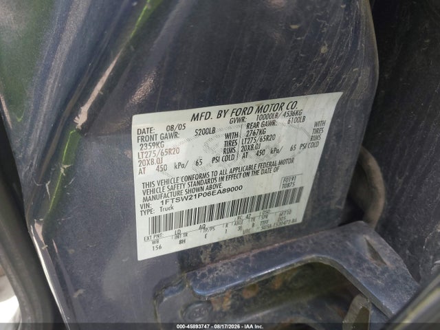 45893747 :رقم المزاد ، 1FTSW21P06EA89000 vin ، 2006 Ford F-250 Lariat/xl/xlt مزاد بيع