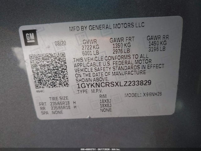 45893751 :رقم المزاد ، 1GYKNCRSXLZ233829 vin ، 2020 Cadillac Xt5 Fwd Premium Luxury مزاد بيع
