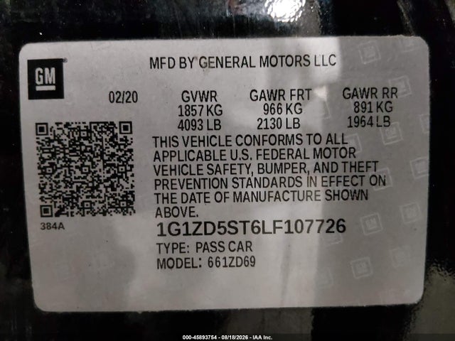 Продаж на аукціоні авто 2020 Chevrolet Malibu Fwd Lt, vin: 1G1ZD5ST6LF107726, номер лоту: 45893754