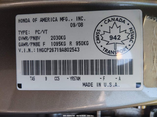 Aukcja sprzedaży 2009 Honda Accord 2.4 Ex, vin: 1HGCP26719A802543, numer aukcji: 45893755