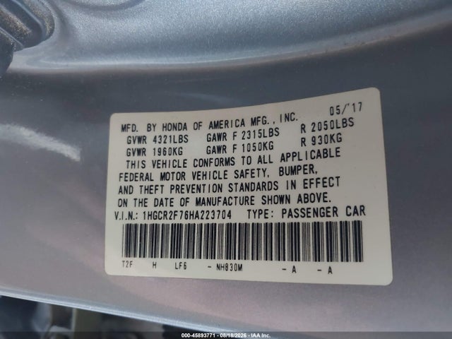 Honda ACCORD EX 2017 1HGCR2F76HA223704 Image 9