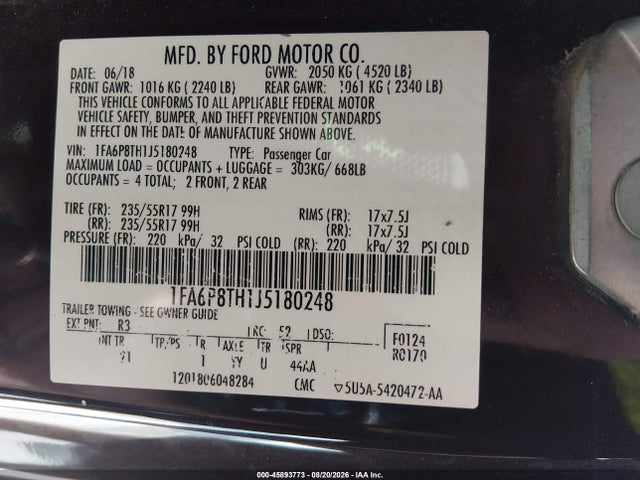 Aukcja sprzedaży 2018 Ford Mustang Ecoboost, vin: 1FA6P8TH1J5180248, numer aukcji: 45893773