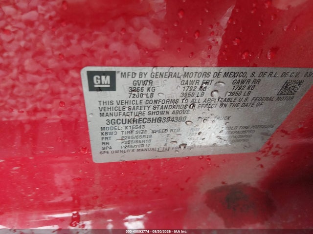 45893774 :رقم المزاد ، 3GCUKREC5HG394380 vin ، 2017 Chevrolet Silverado 1500 Lt مزاد بيع