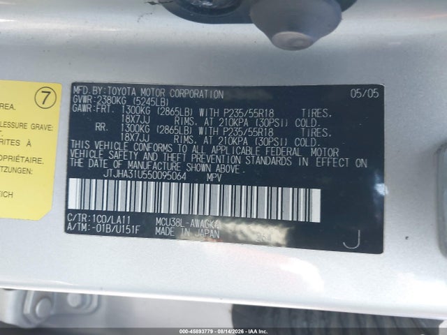 45893779 :رقم المزاد ، JTJHA31U550095064 vin ، 2005 Lexus Rx 330 مزاد بيع