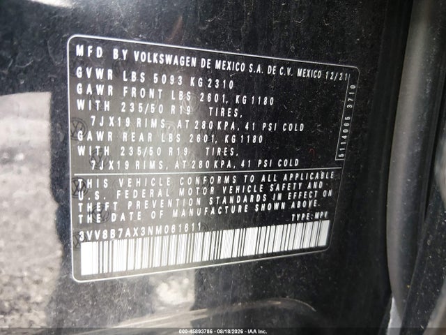 Aukcja sprzedaży 2022 Volkswagen Tiguan 2.0t Se R-line Black, vin: 3VV8B7AX3NM061611, numer aukcji: 45893786