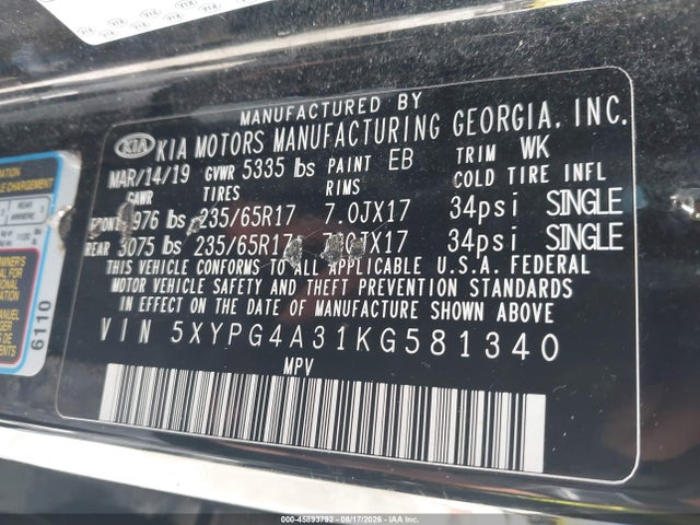 Aukcja sprzedaży 2019 Kia Sorento 2.4l L, vin: 5XYPG4A31KG581340, numer aukcji: 45893792