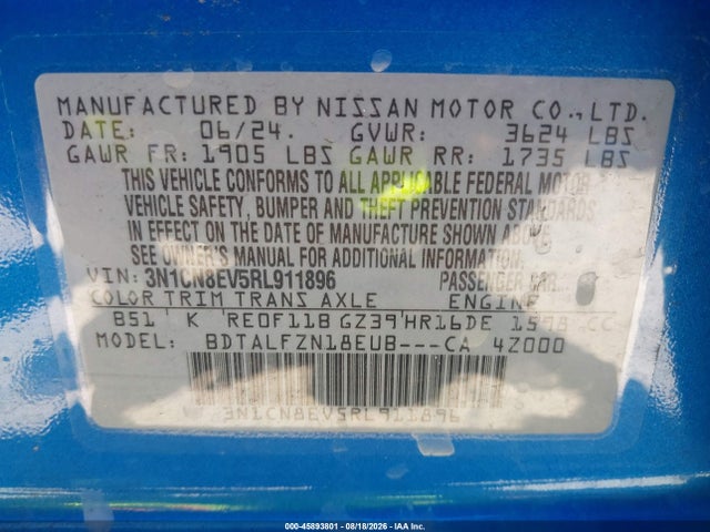 45893801 :رقم المزاد ، 3N1CN8EV5RL911896 vin ، 2024 Nissan Versa 1.6 Sv مزاد بيع