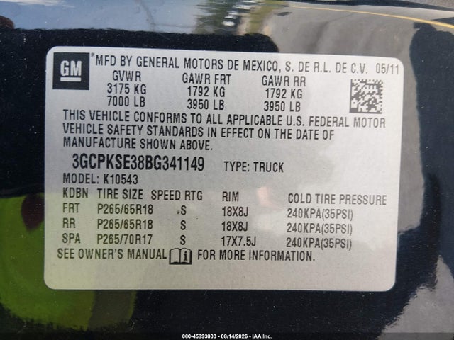 Aukcja sprzedaży 2011 Chevrolet Silverado 1500 Lt, vin: 3GCPKSE38BG341149, numer aukcji: 45893803