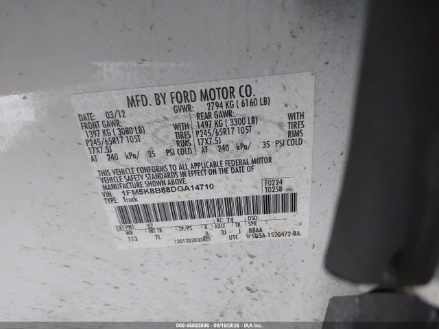 45893806 :رقم المزاد ، 1FM5K8B88DGA14710 vin ، 2013 Ford Explorer مزاد بيع