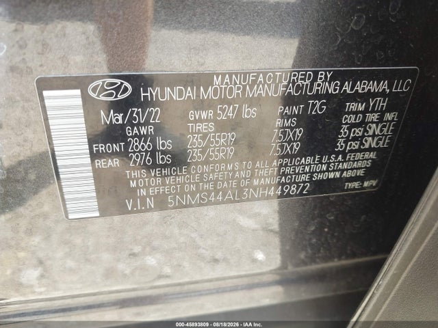 45893809 :رقم المزاد ، 5NMS44AL3NH449872 vin ، 2022 Hyundai Santa Fe Limited مزاد بيع